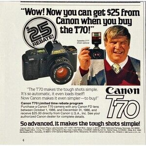 Canon T70 Camera "Makes tough shots simple. John Madden Vintage Print Ad 1986